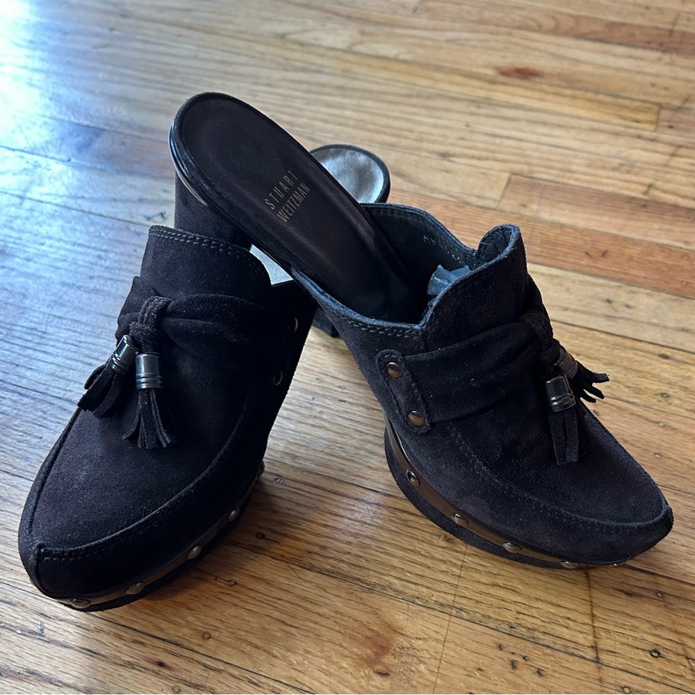 Stuart Weitzman Black Suede Mules with Tassel Detail